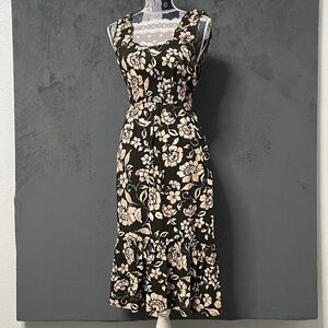 Patrons of Peace Midi Dress Women S Brown Floral Sleeveless Milkmaid Cottagecore